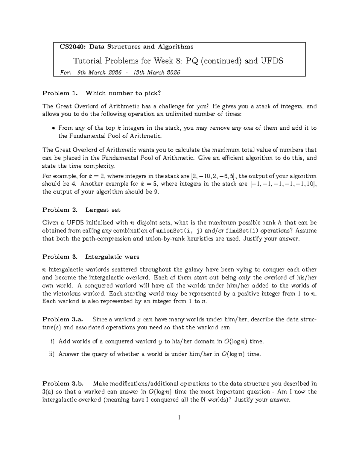 CS2040: Week 8 Tutorial Problems on PQ and UFDS Concepts - Studocu