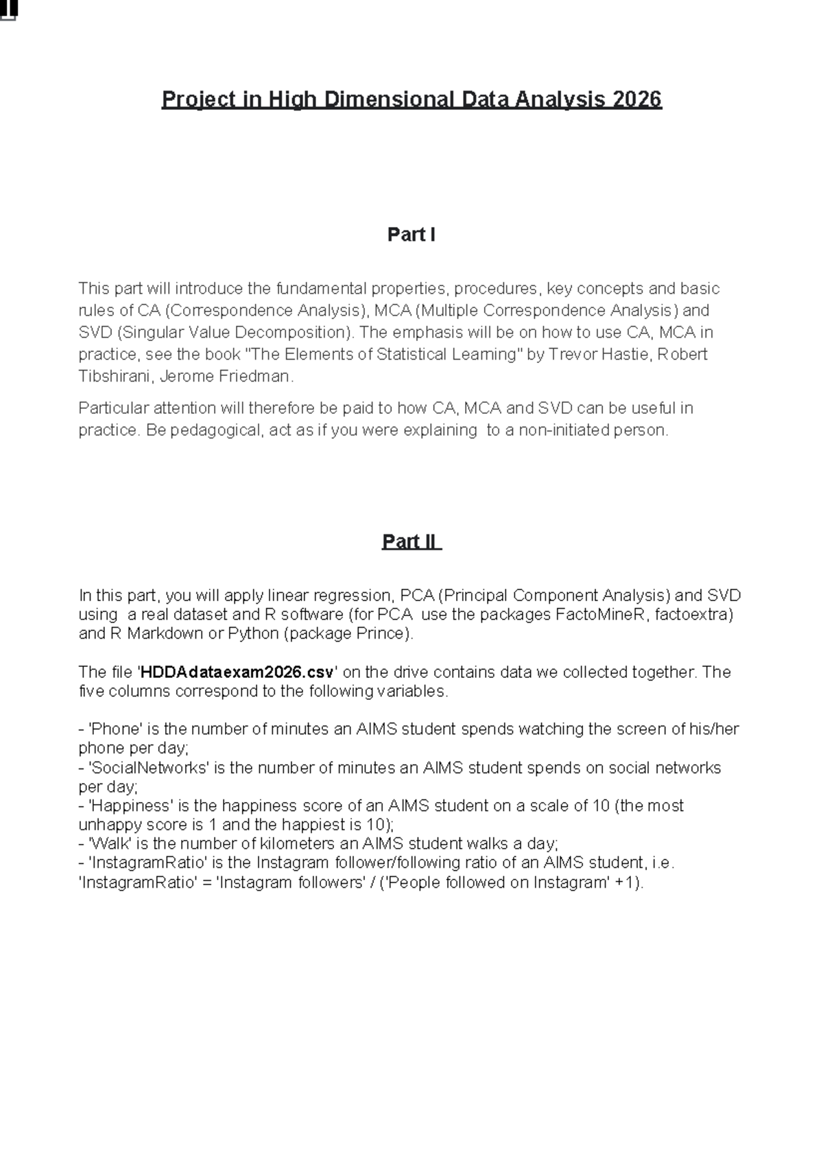 High Dimensional Data Analysis Project 2026: CA, MCA, SVD & PCA - Studocu
