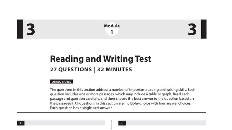 Set 12 Module 1 Reading & Writing Test: 15 Questions Overview - Studocu