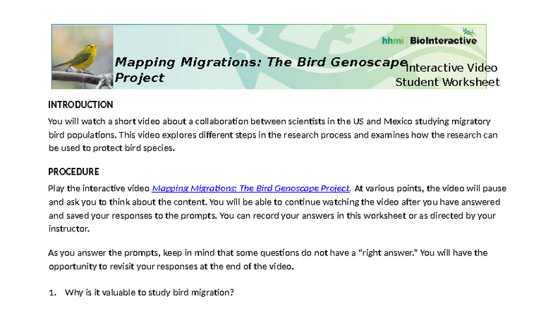 Mapping Migrations: Bird Genoscape Project Student Worksheet - Studocu
