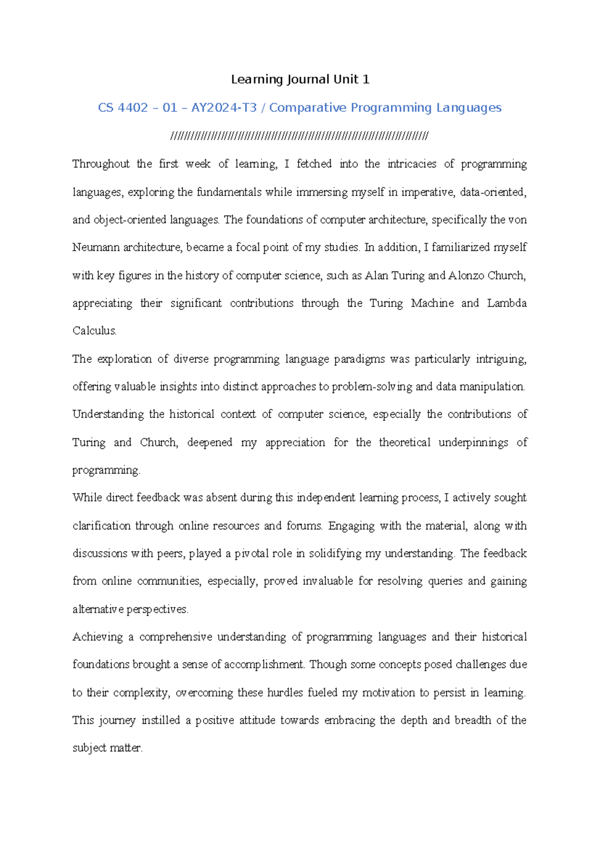Learning Journal Unit 1 - Comparative Programming Languages - Learning ...