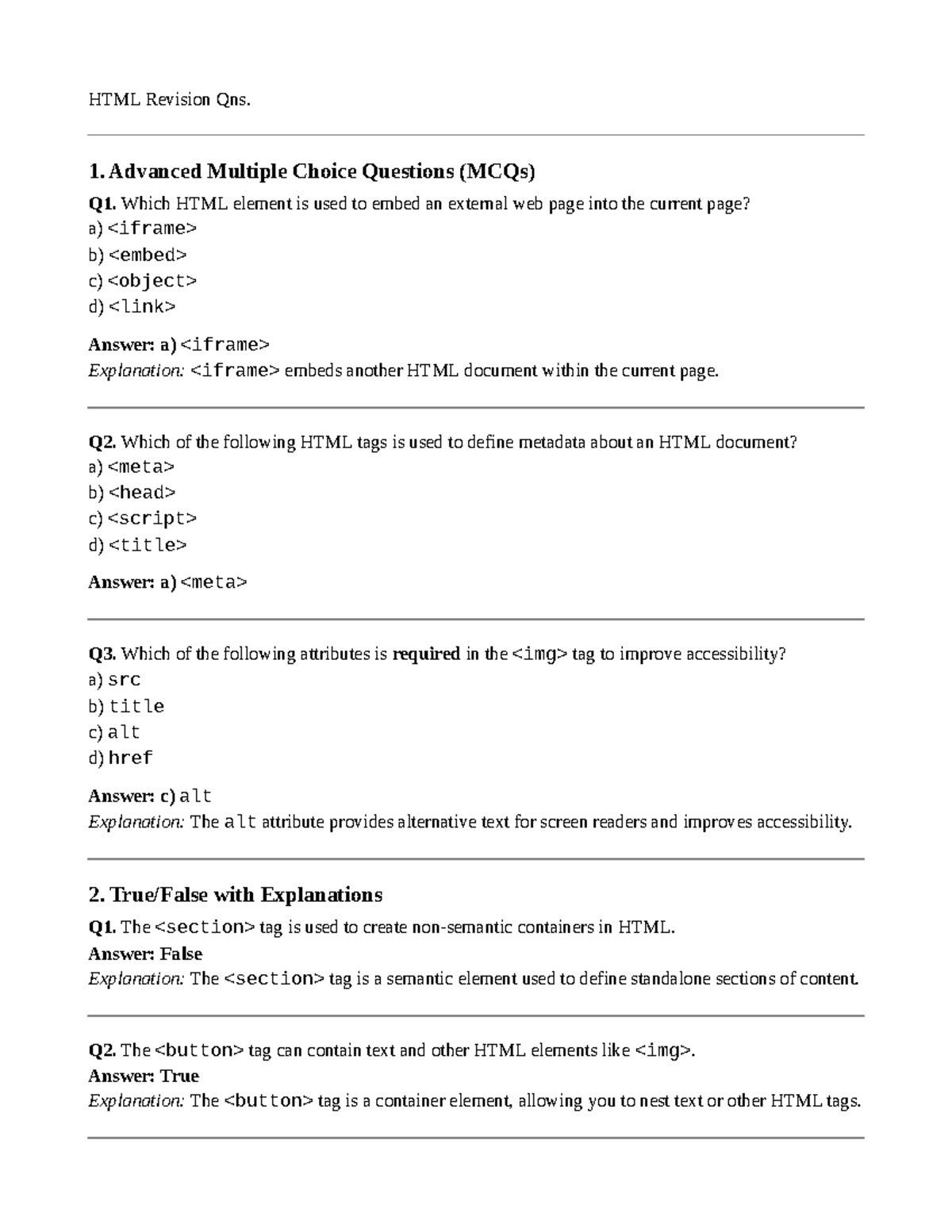 HTML revision Qns - Html possible questions. - HTML Revision Qns. 1 ...