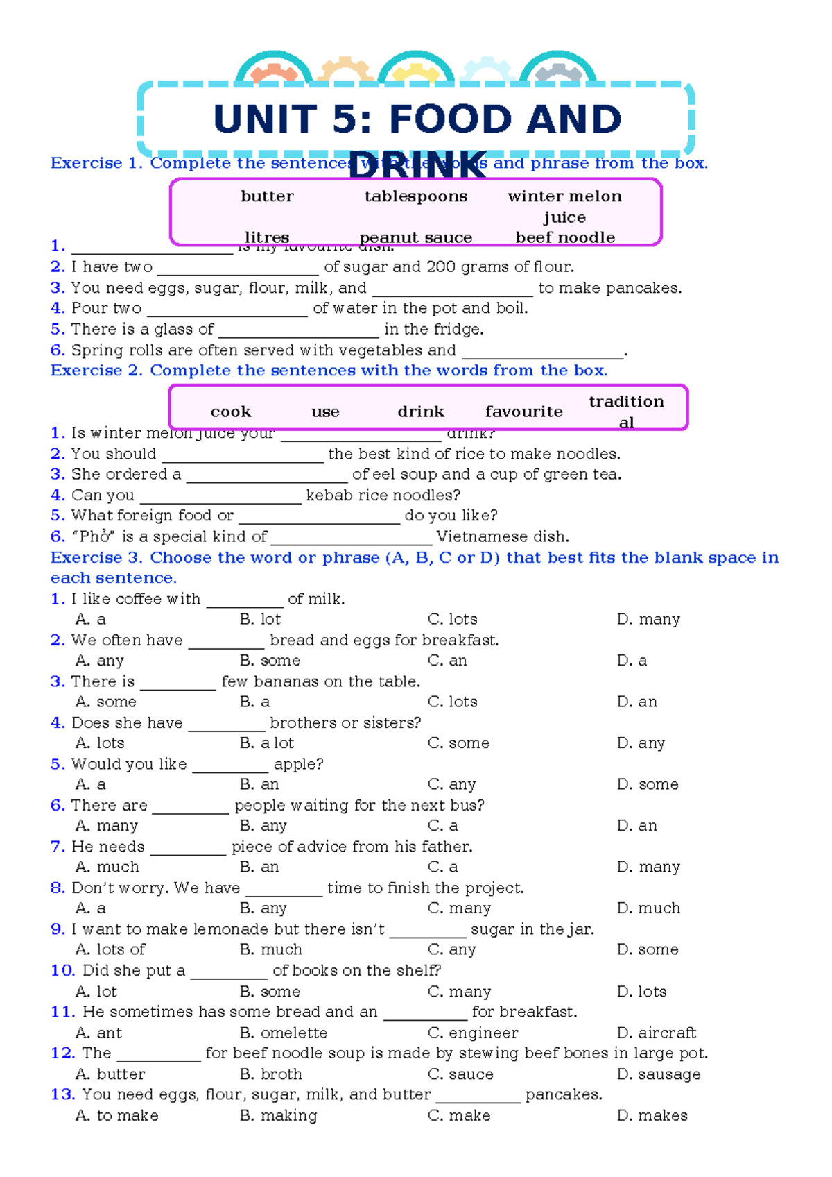 Unit 5: Food and Drink Review Exercises (dcknckn) - Studocu