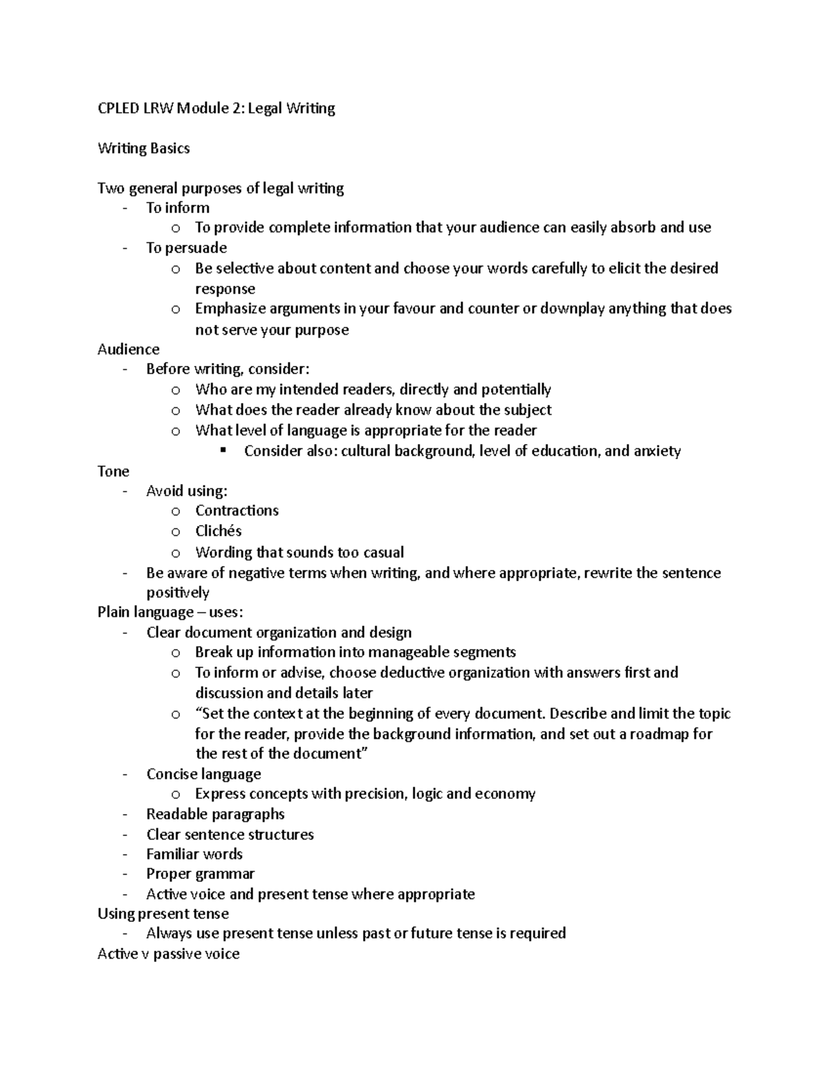 CPLED LRW Module 2: Enhancing Legal Writing Skills and Techniques - Studocu