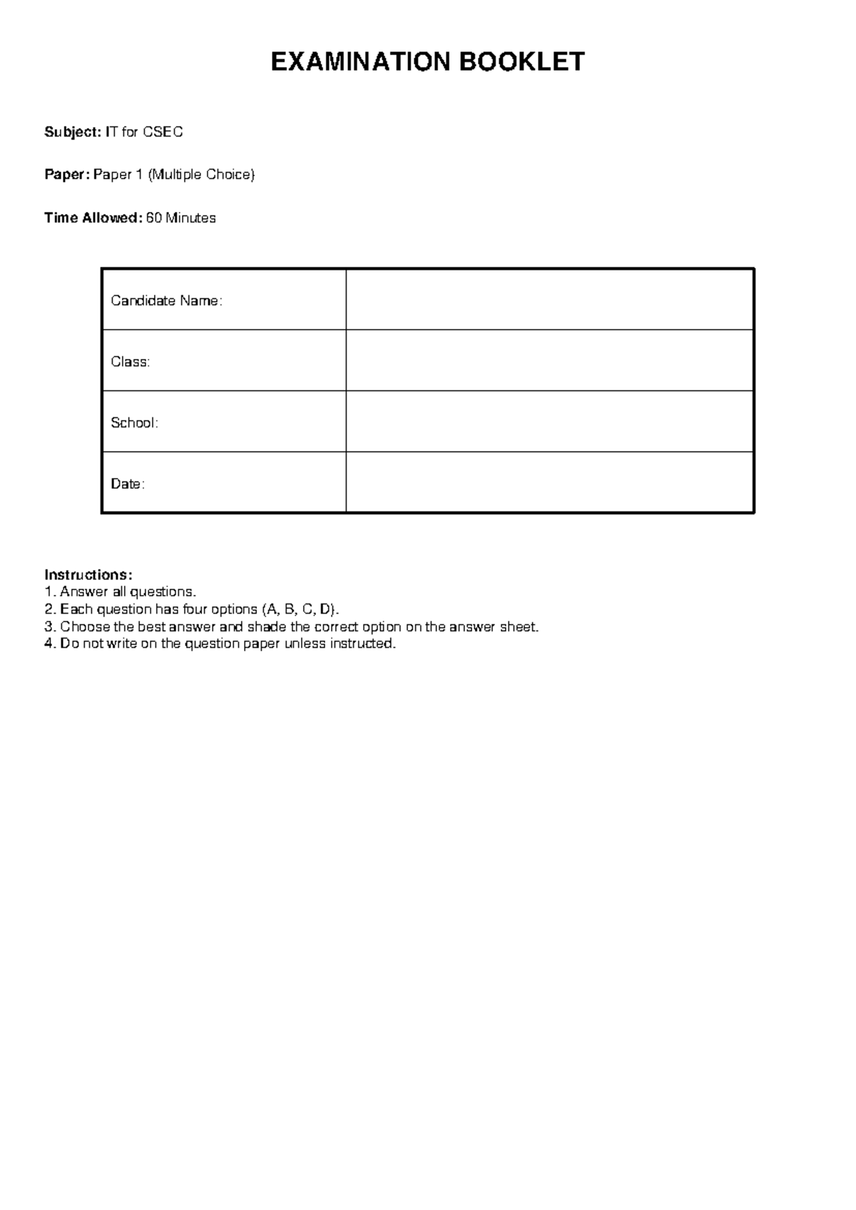 CSEC IT Paper 1 Examination Booklet with Answer Sheet - Studocu