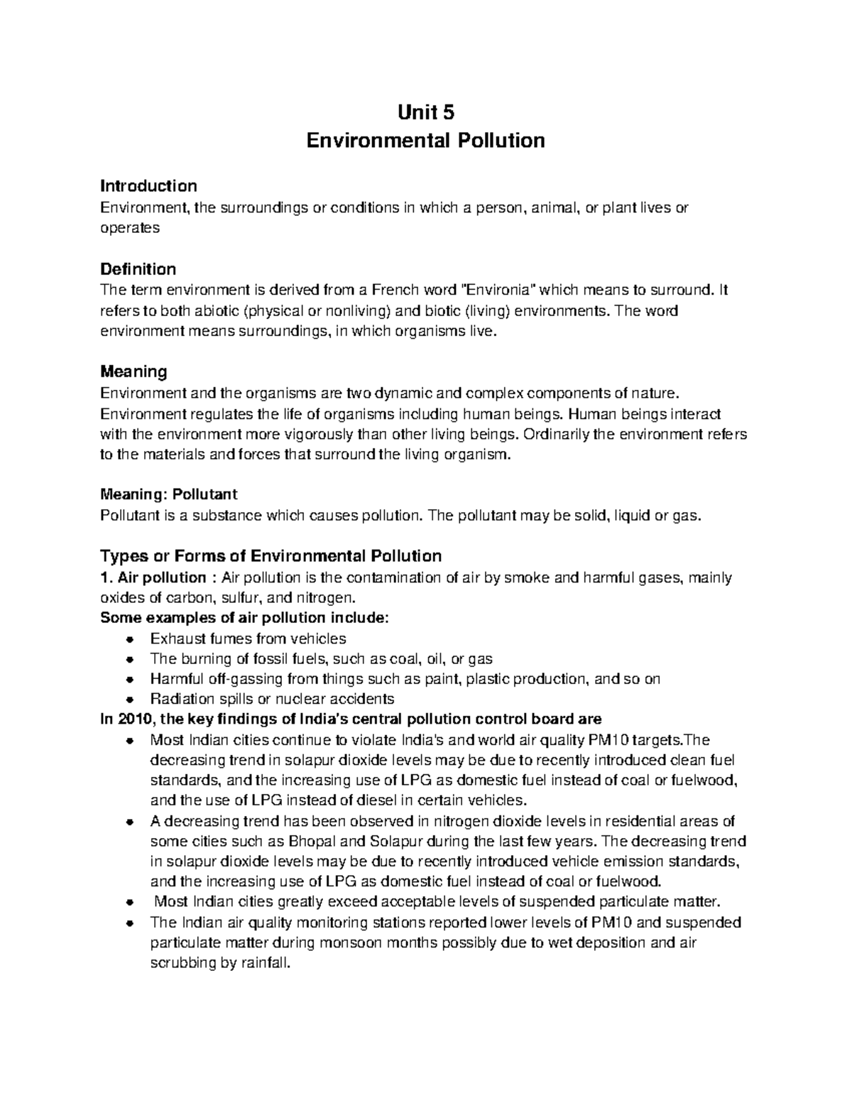 Unit 5 & 6 Environmental Pollution and Policies Overview (BCA EVS ...