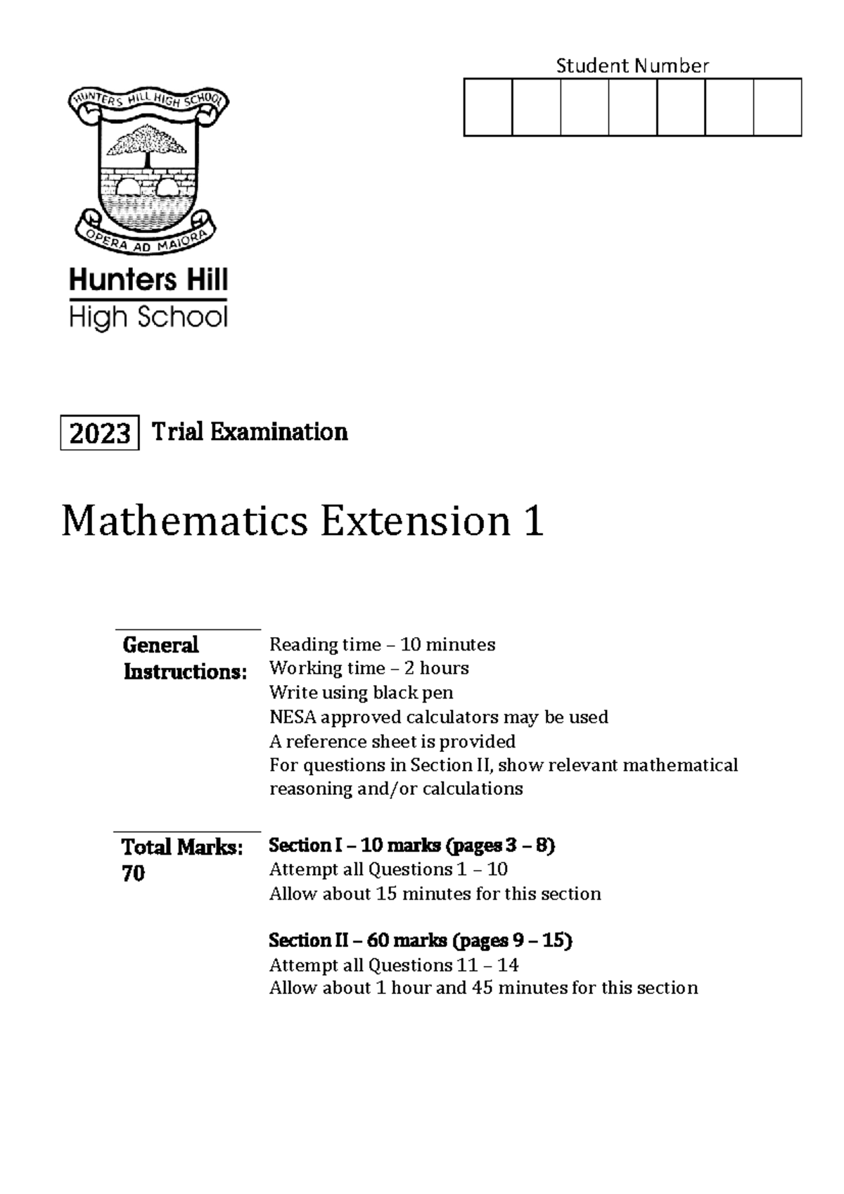 2023 Mathematics Extension 1 Trial Exam Practice Questions - Studocu