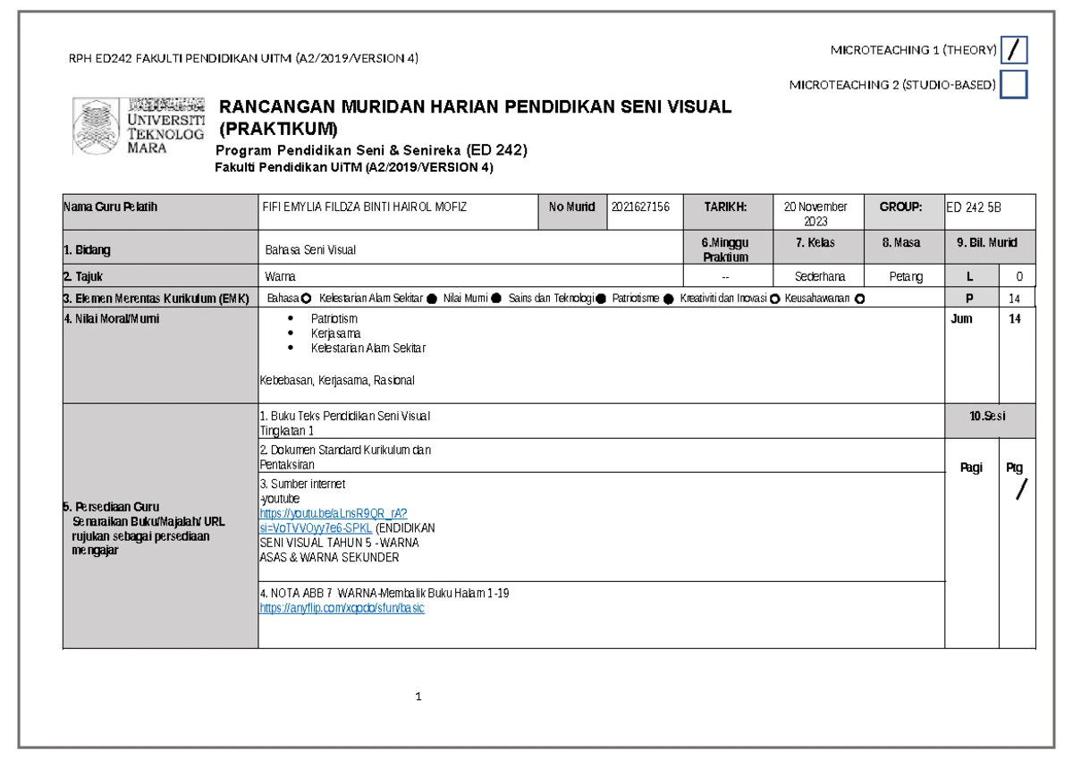 RPH ED242: Rancangan Pelajaran Harian Pendidikan Seni Visual - Studocu