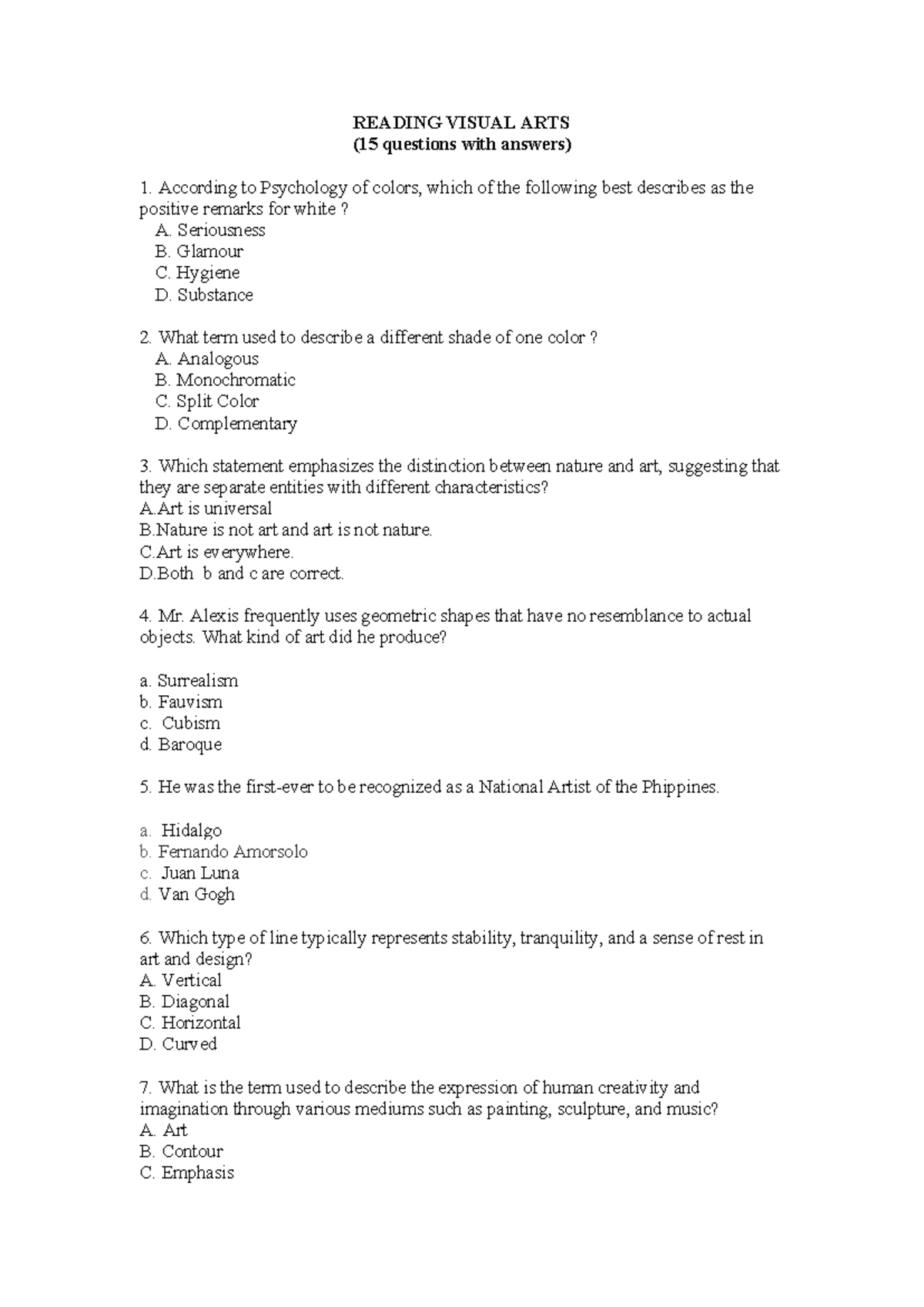 15 Questions RVA - n/a - READING VISUAL ARTS (15 questions with answers ...