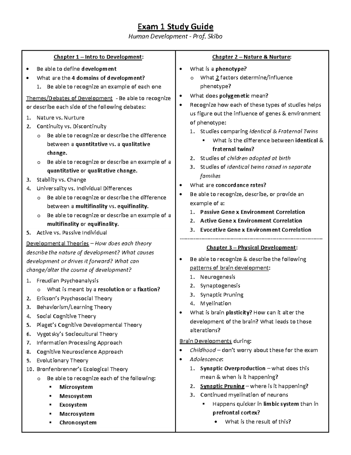 Exam 1 Study Guide: Human Development (Prof. Skibo) - Key Concepts ...