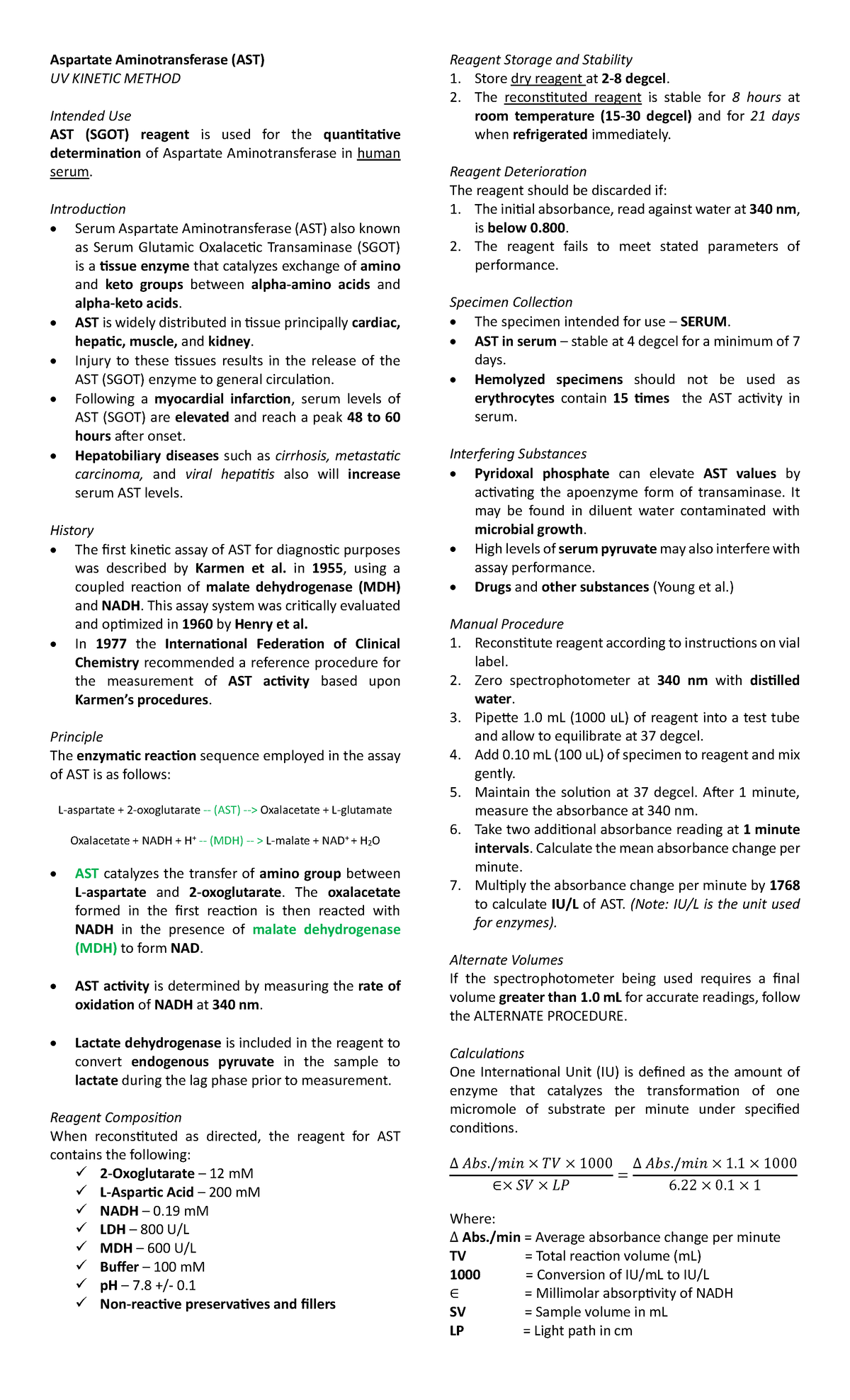 CC2-LAB - Aspartate Aminotransferase (AST) Kinetic Method Review - Studocu