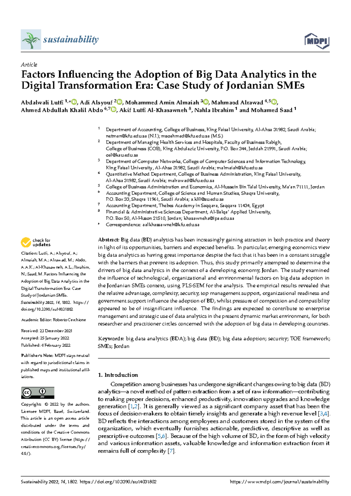 Factors Influencing Big Data Analytics Adoption in Jordanian SMEs: A ...