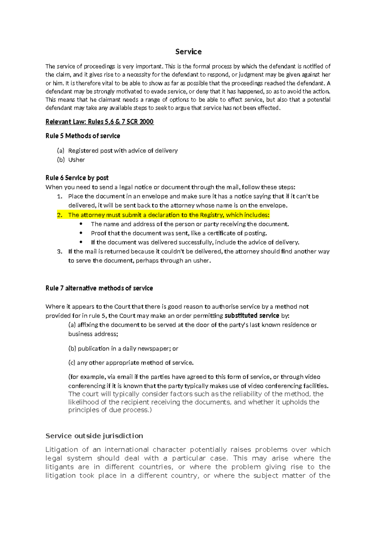 05.09.2023 Service - Summary of Laws for LLB Hons Students - Studocu