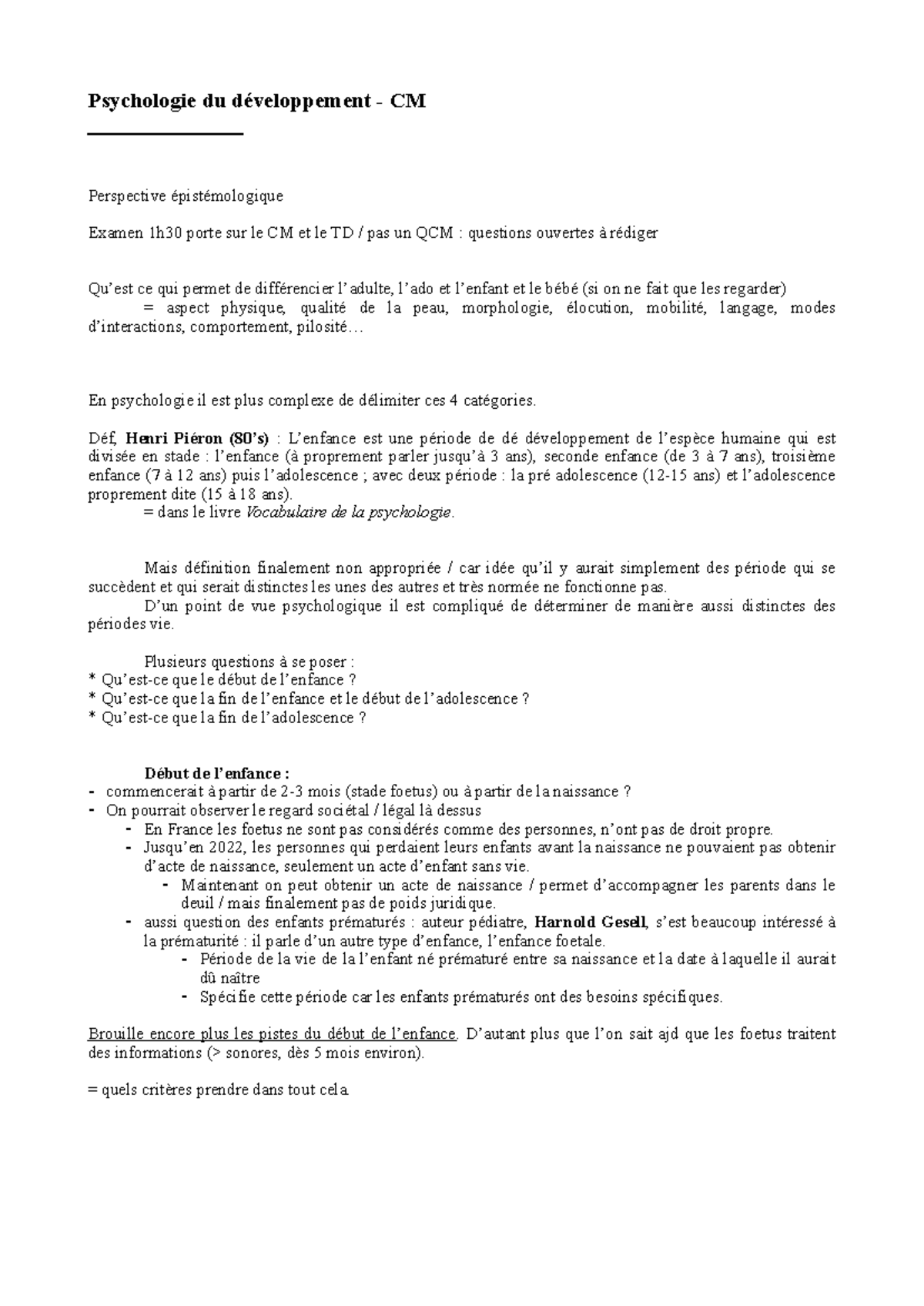 Psy du dvpt CM - Examen 1h30 sur les stades de développement humain ...