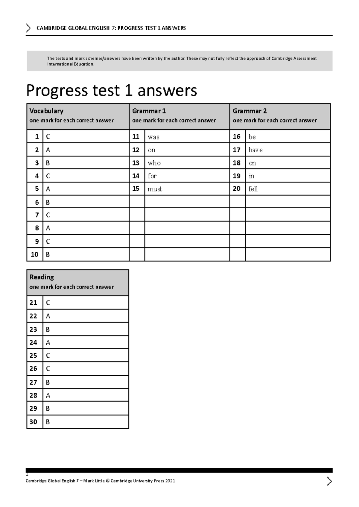 CAMBRIDGE GLOBAL ENGLISH 7: UNIT 1 PROGRESS TEST 1 ANSWERS - Studocu