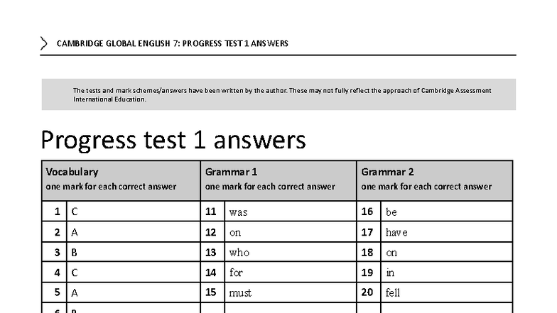 CAMBRIDGE GLOBAL ENGLISH 7: UNIT 1 PROGRESS TEST 1 ANSWERS - Studocu