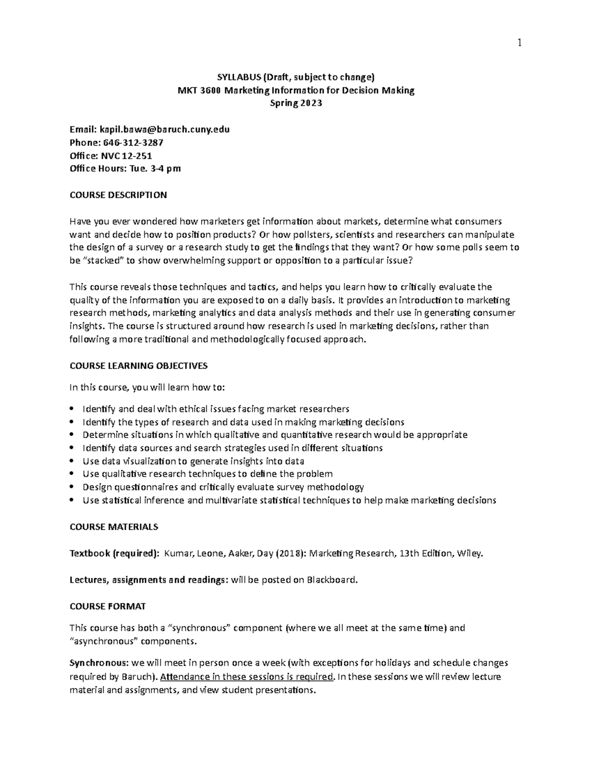 Syllabus - MKT 3600 Marketing Information for Decision Making Spring ...