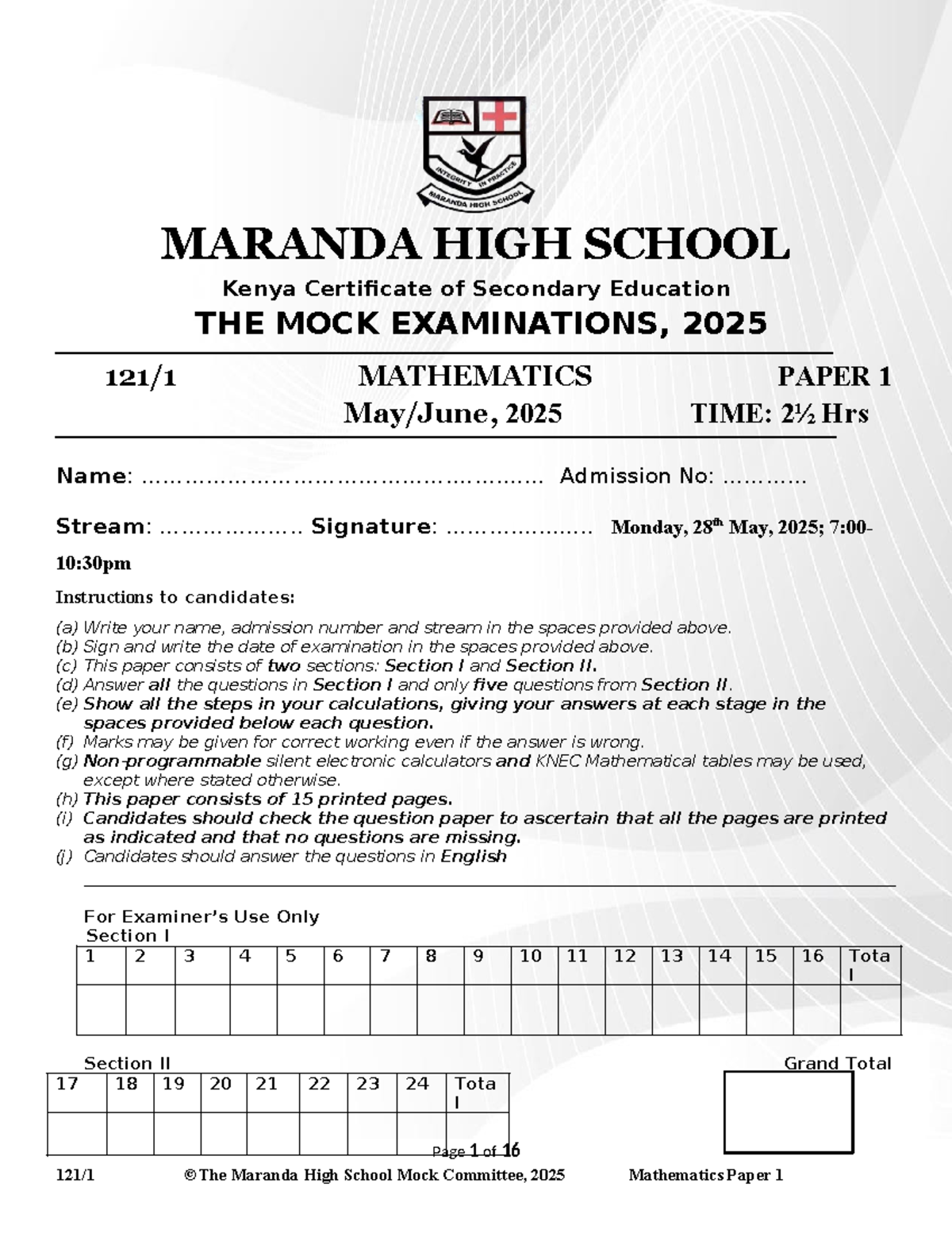 2025 Maranda High School Mock Exam Mathematics Paper 1 Questions - Studocu