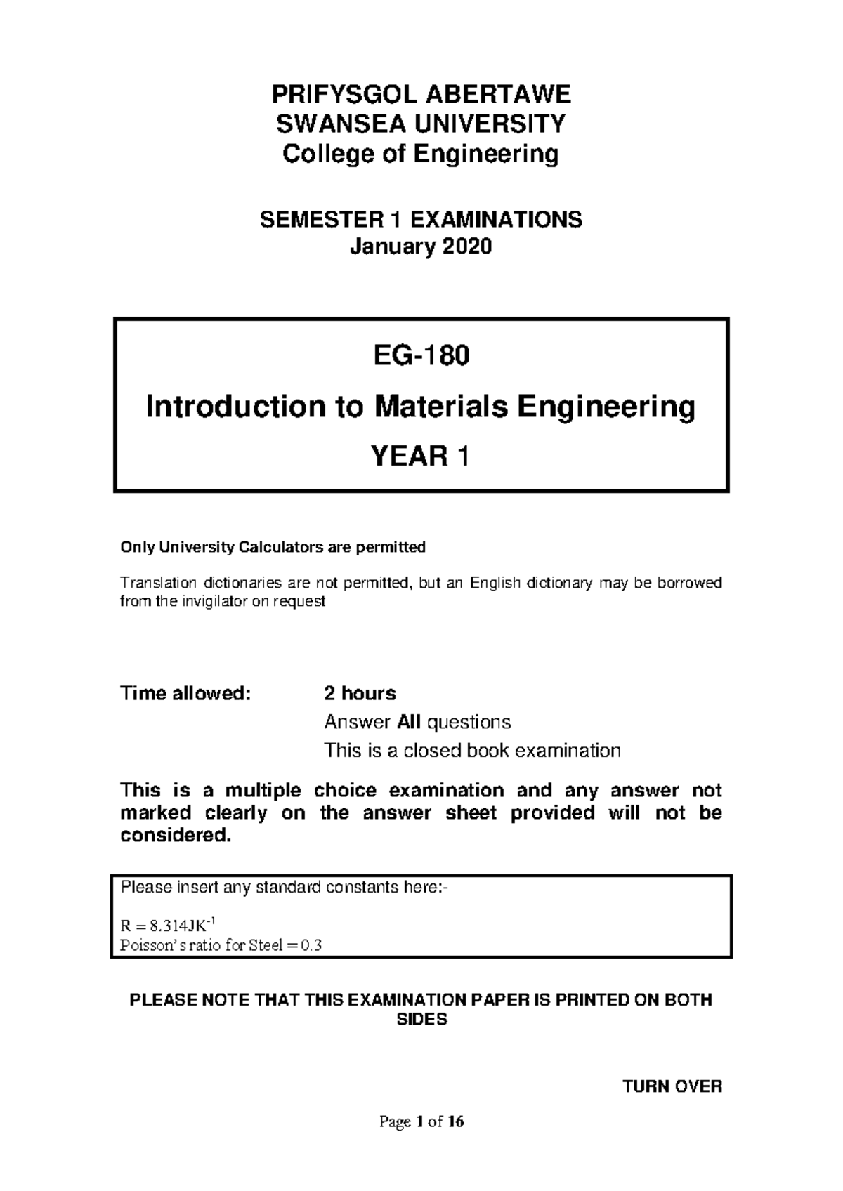EG-180 Final Exam Paper: Materials Engineering January 2020 - Studocu