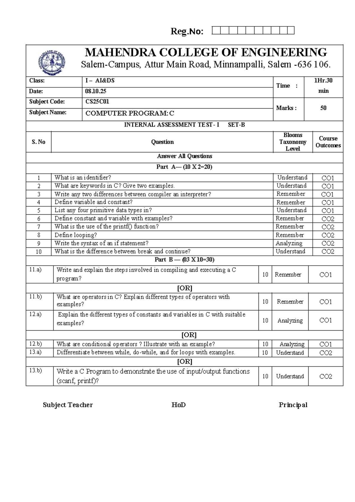 CS25C01 Computer Program Internal Assessment I - 2025 - Studocu