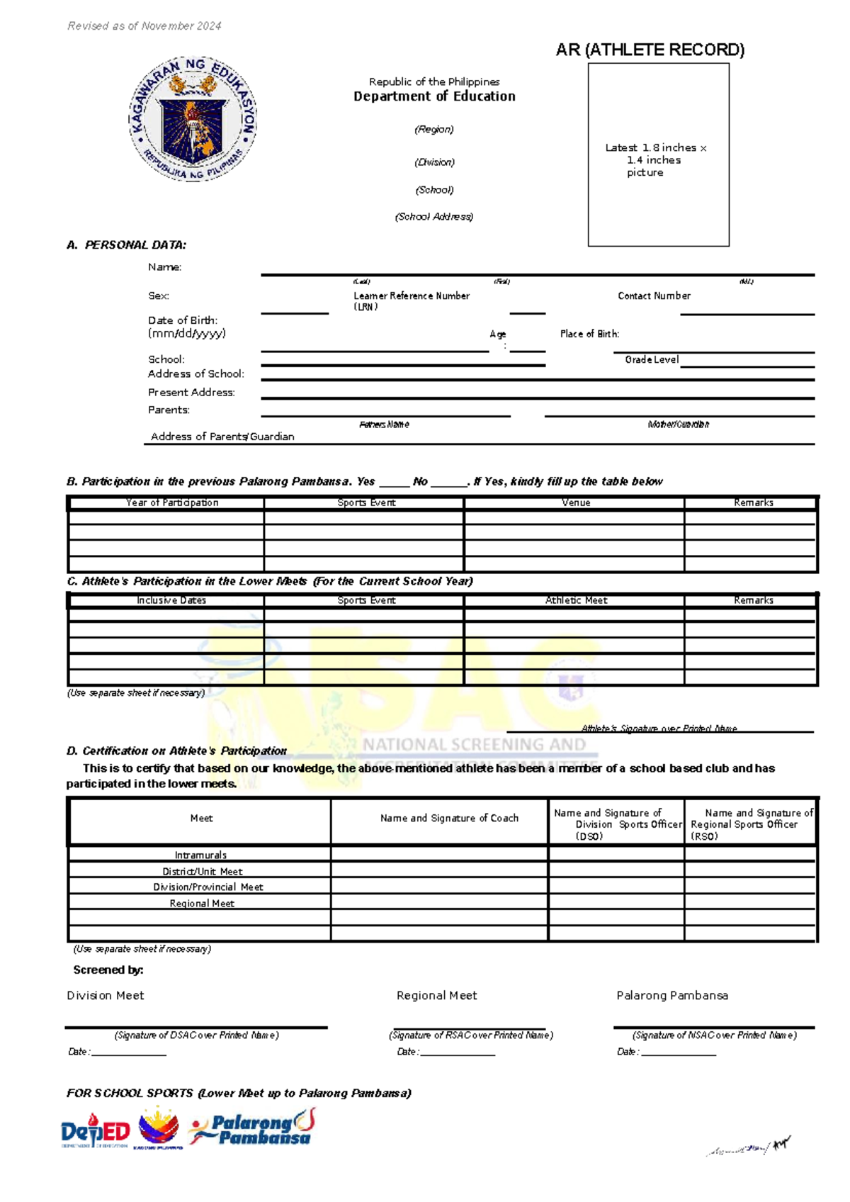 Athlete Participation Forms for School Sports (Lower Meet to Palarong ...