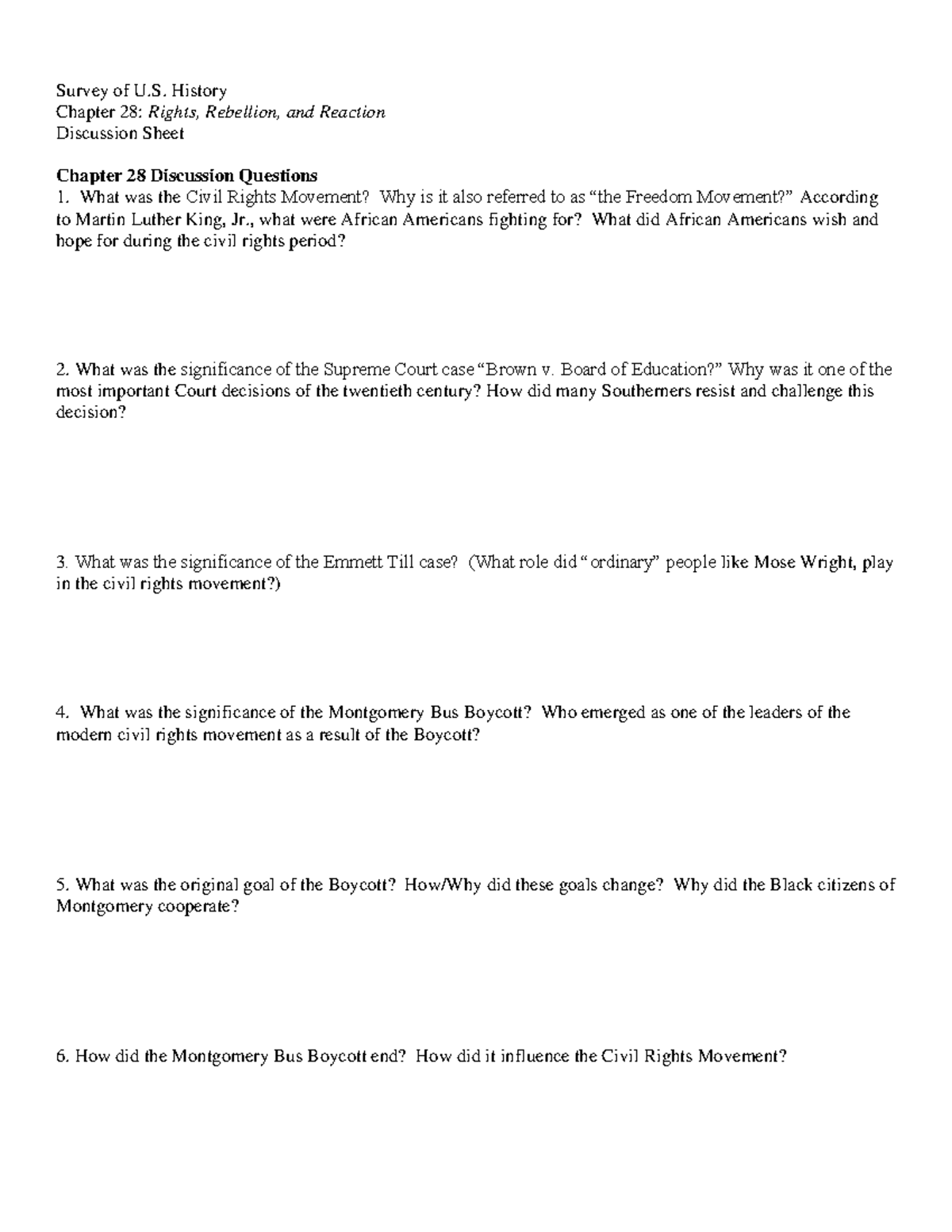 Civil Rights Movement Discussion Sheet (U.S. History CH28) - Studocu