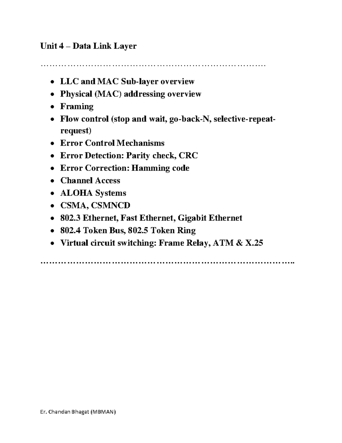 Unit 4 - Data Link Layer Overview: LLC, MAC, and Protocols (MBMAN ...