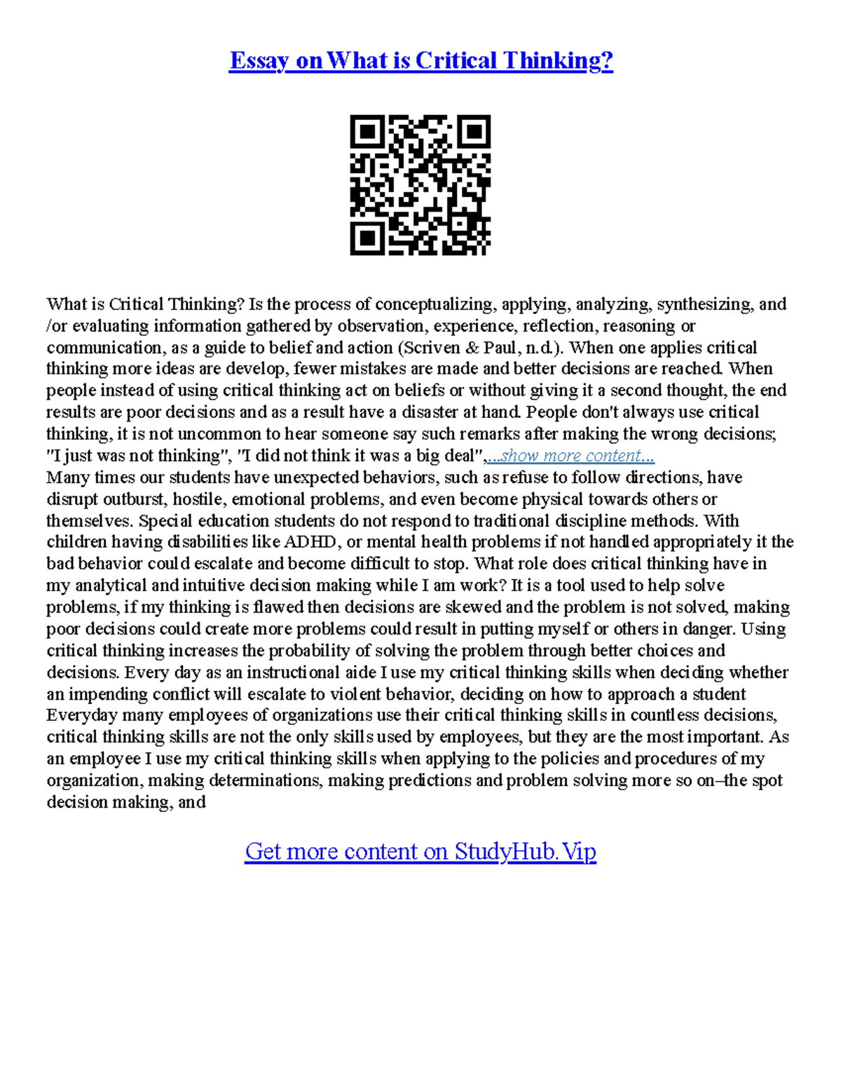 Critical Thinking Essay: Definition and Importance in Decision Making ...