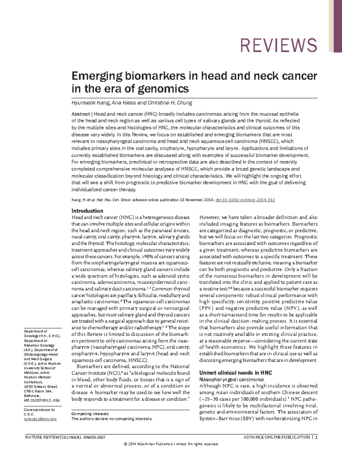 Emerging biomarkers in head and neck cancer: a genomic perspective ...