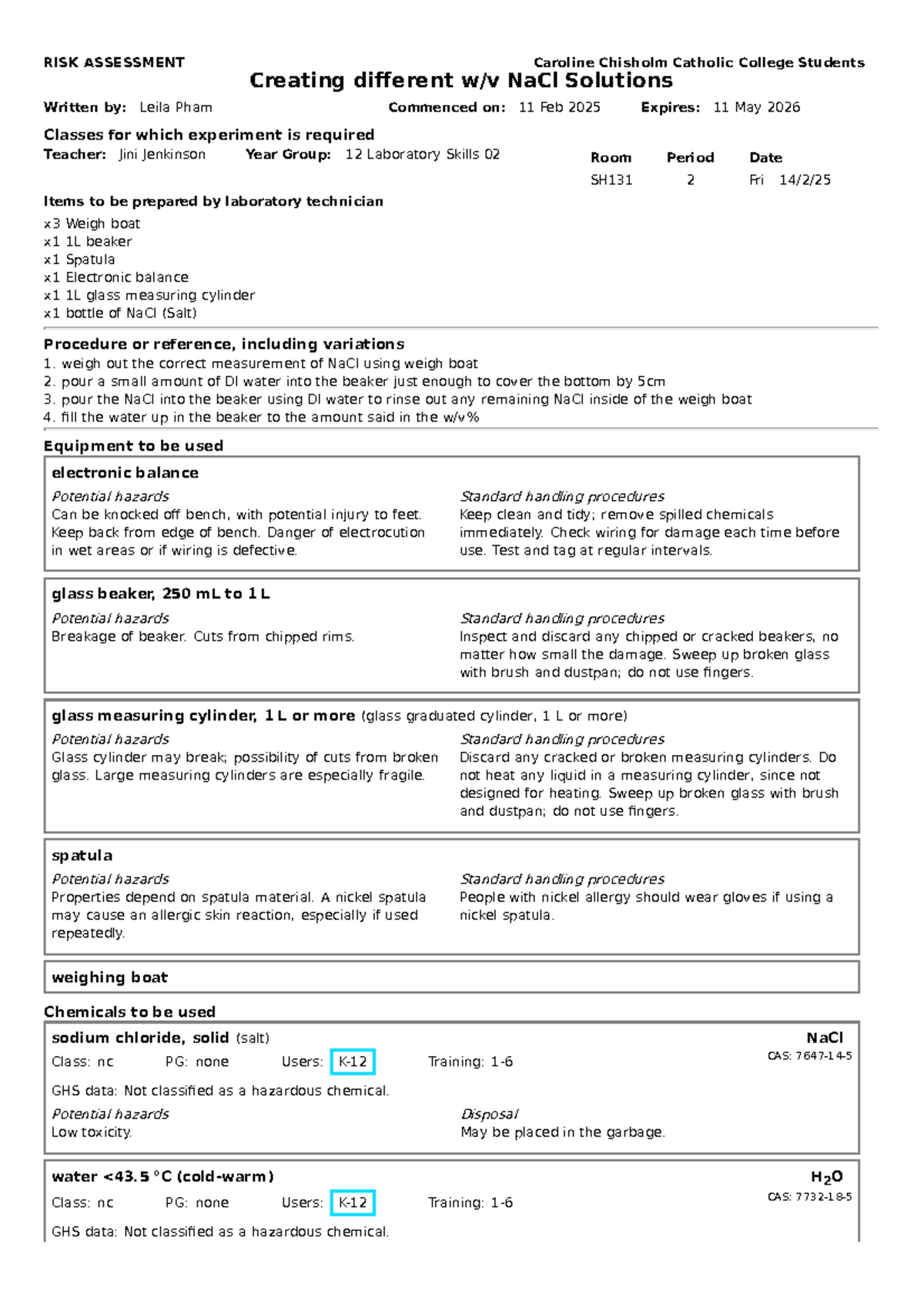 Risk Assessment for Creating Different NaCl Solutions - Year 12 SH131 ...