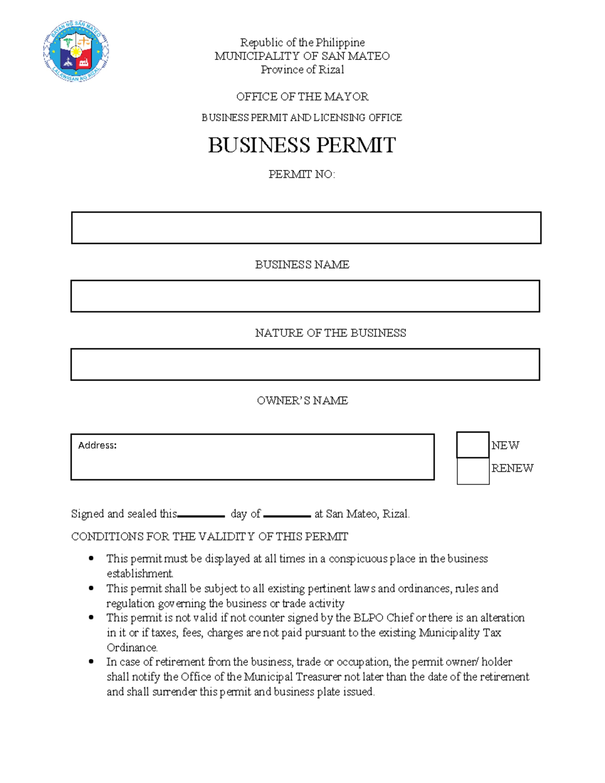 Business Permit Application Template - San Mateo, Rizal - Studocu