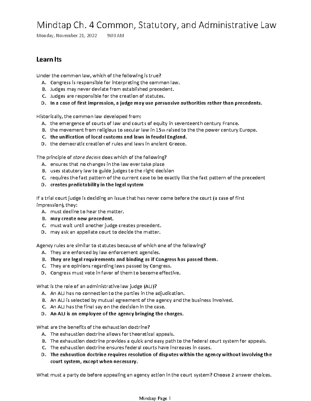Mindtap Ch. 4 Overview of Common, Statutory, and Admin. Law Concepts ...