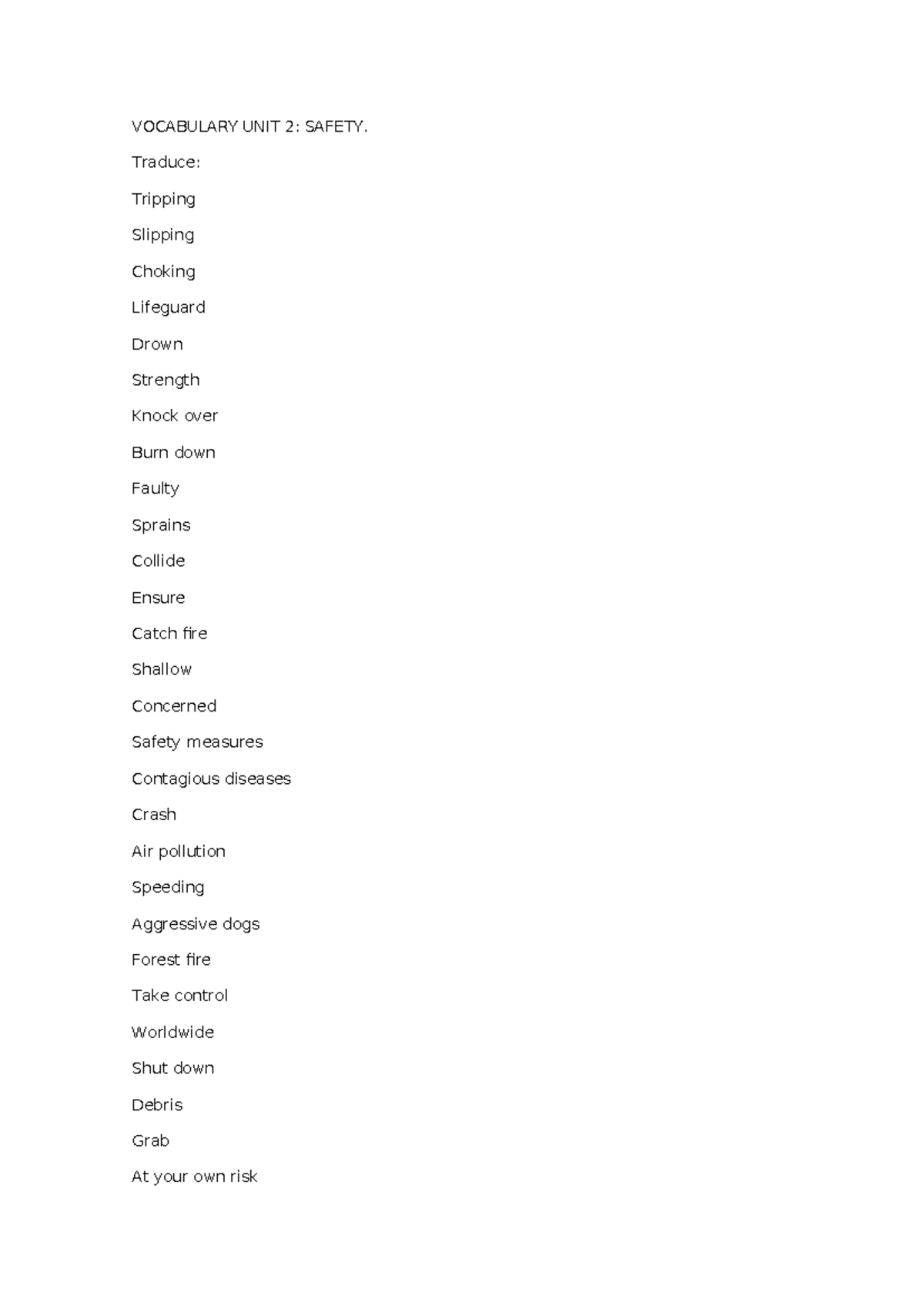 Vocabulary Unit 2: Safety Terms and Definitions - Studocu