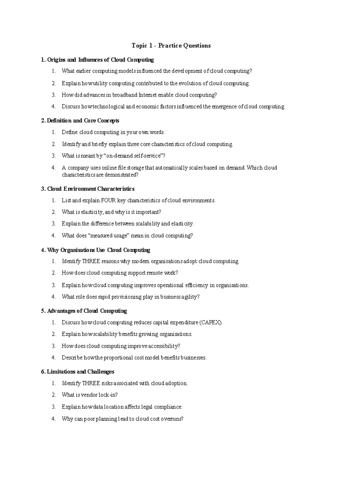 Topic 1 Practice Questions: Origins and Influences of Cloud Computing ...