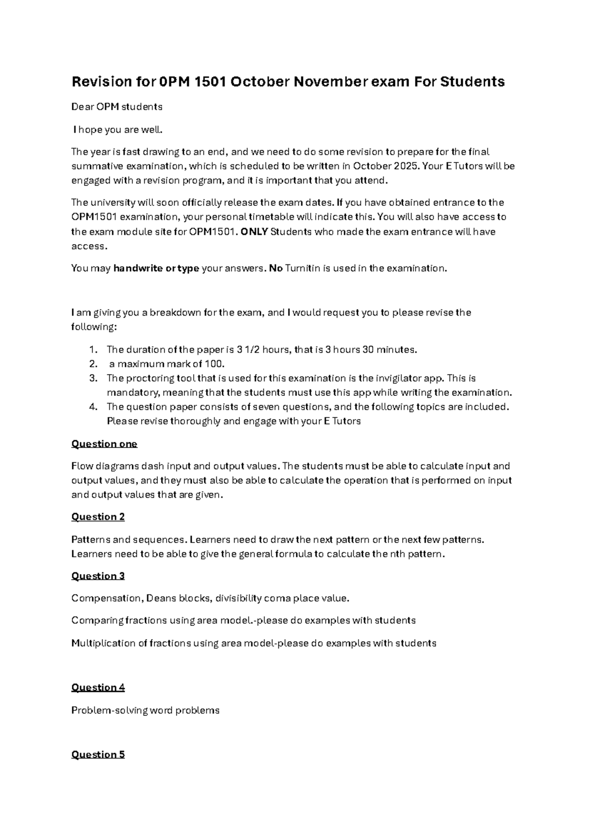 Revision Guide for OPM 1501 Final Exam Preparation - Studocu