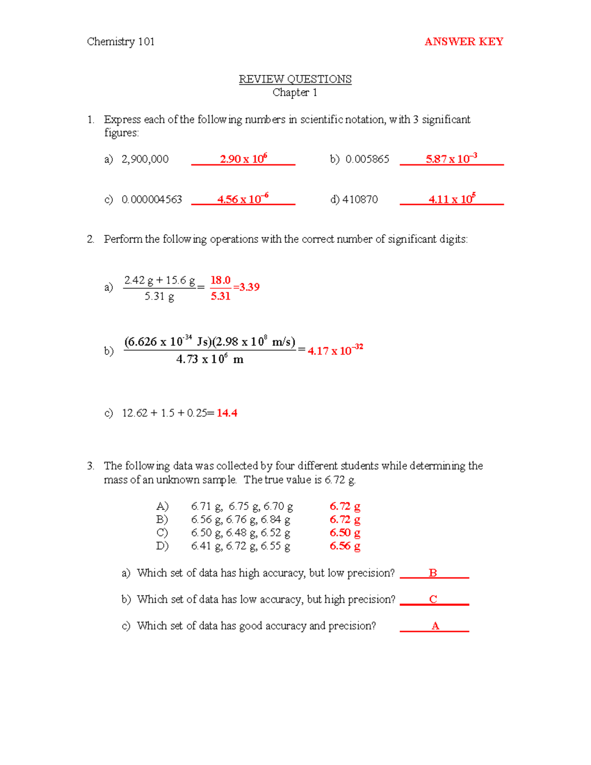 CHE 101 C1 Answer Key for Chapter 1 Review Questions - Studocu