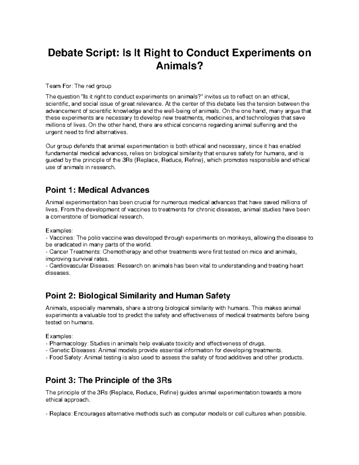 Debate Script: Is Animal Experimentation Ethical? Team For - Studocu