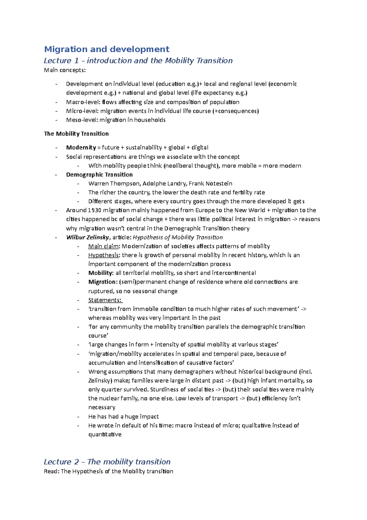 Migration and Development Notes (Lecture 1-10) - Studeersnel