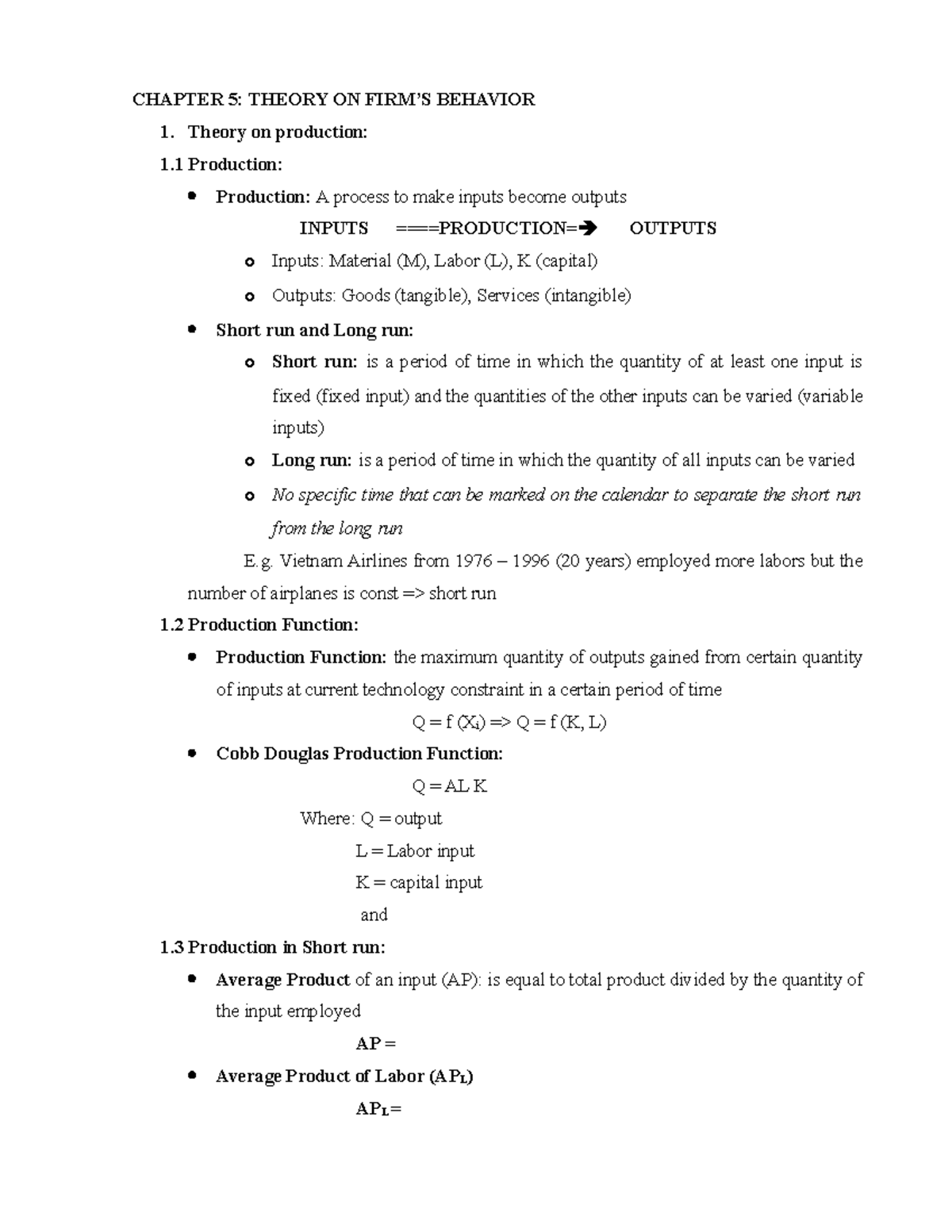 Chapter 5 - theory on firm's behavior - CHAPTER 5 : THEORY ON FIRM’S ...