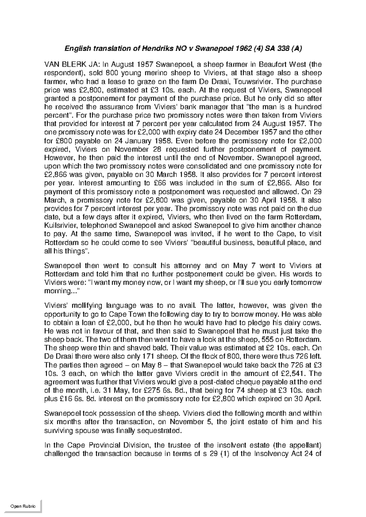 Hendriks NO v Swanepoel Case Study: 1962 (4) SA 338 (A) Analysis - Studocu