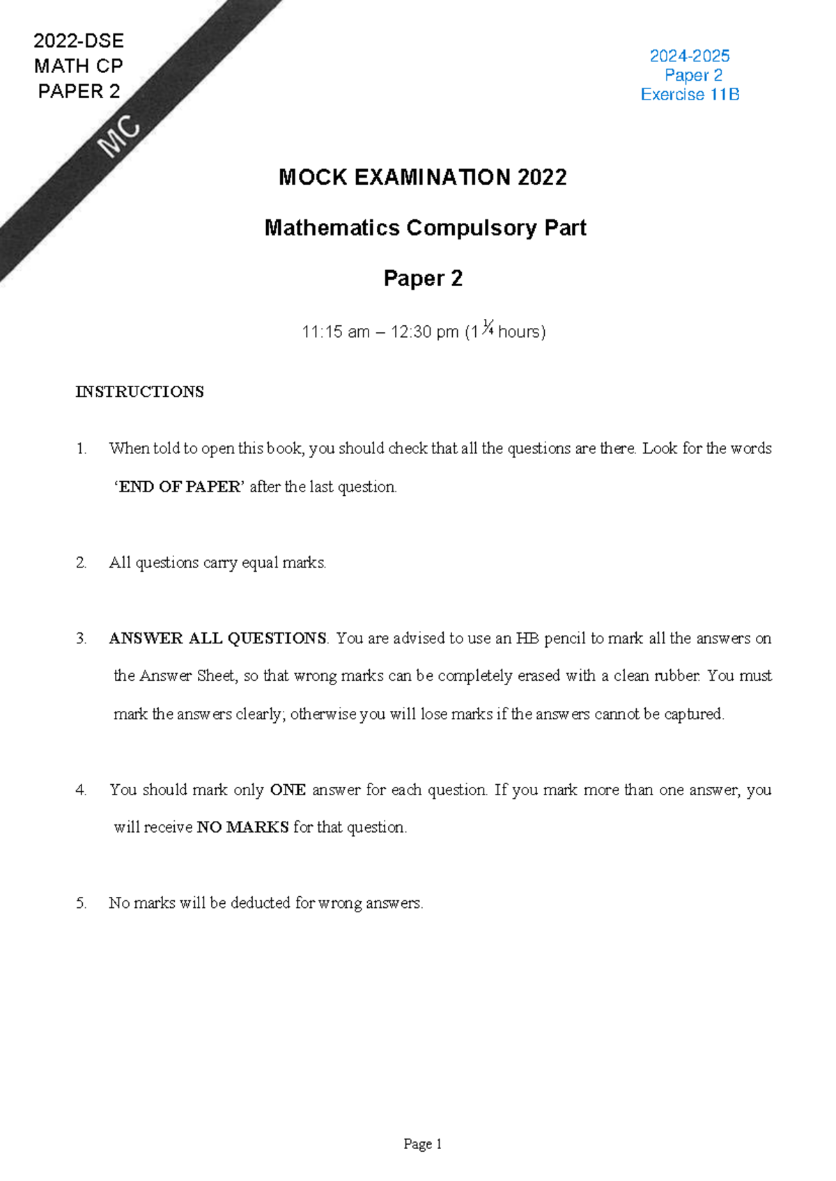 MATH CP PAPER 2 Mock Examination 2022 - Exercise 11B - Studocu