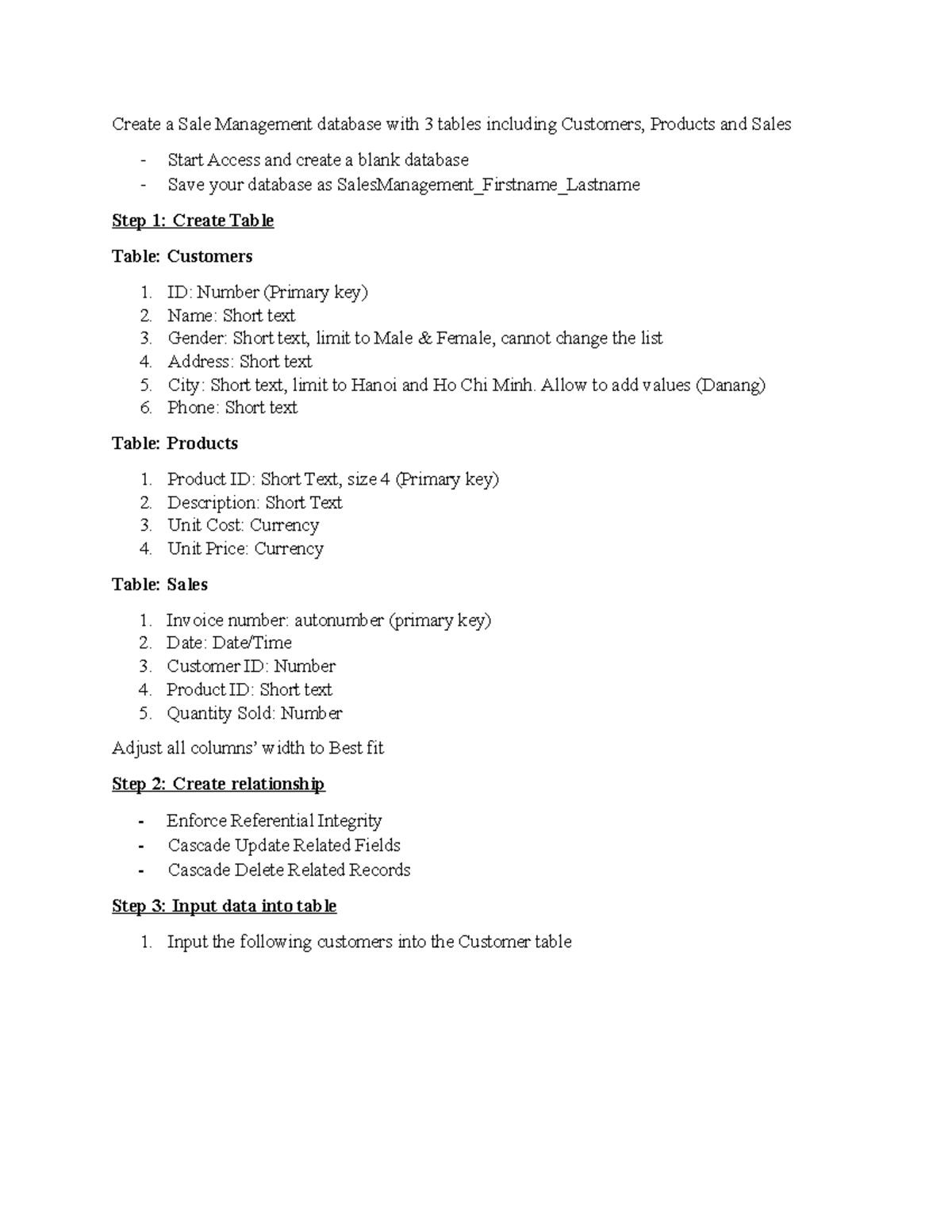 Access 1 - Database Creation Guide for Sale Management - Studocu