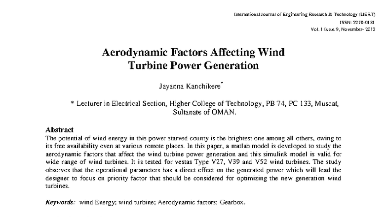 Aerodynamic Factors Impacting Wind Turbine Power Gen. (IJERT V1IS9213 ...