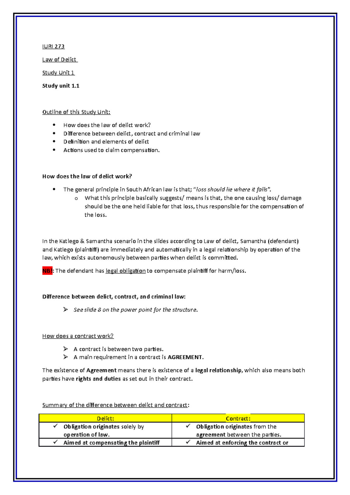 Law of Delict (SU 1) - IURI 273 Law of Delict Study Unit 1 Study unit 1 ...