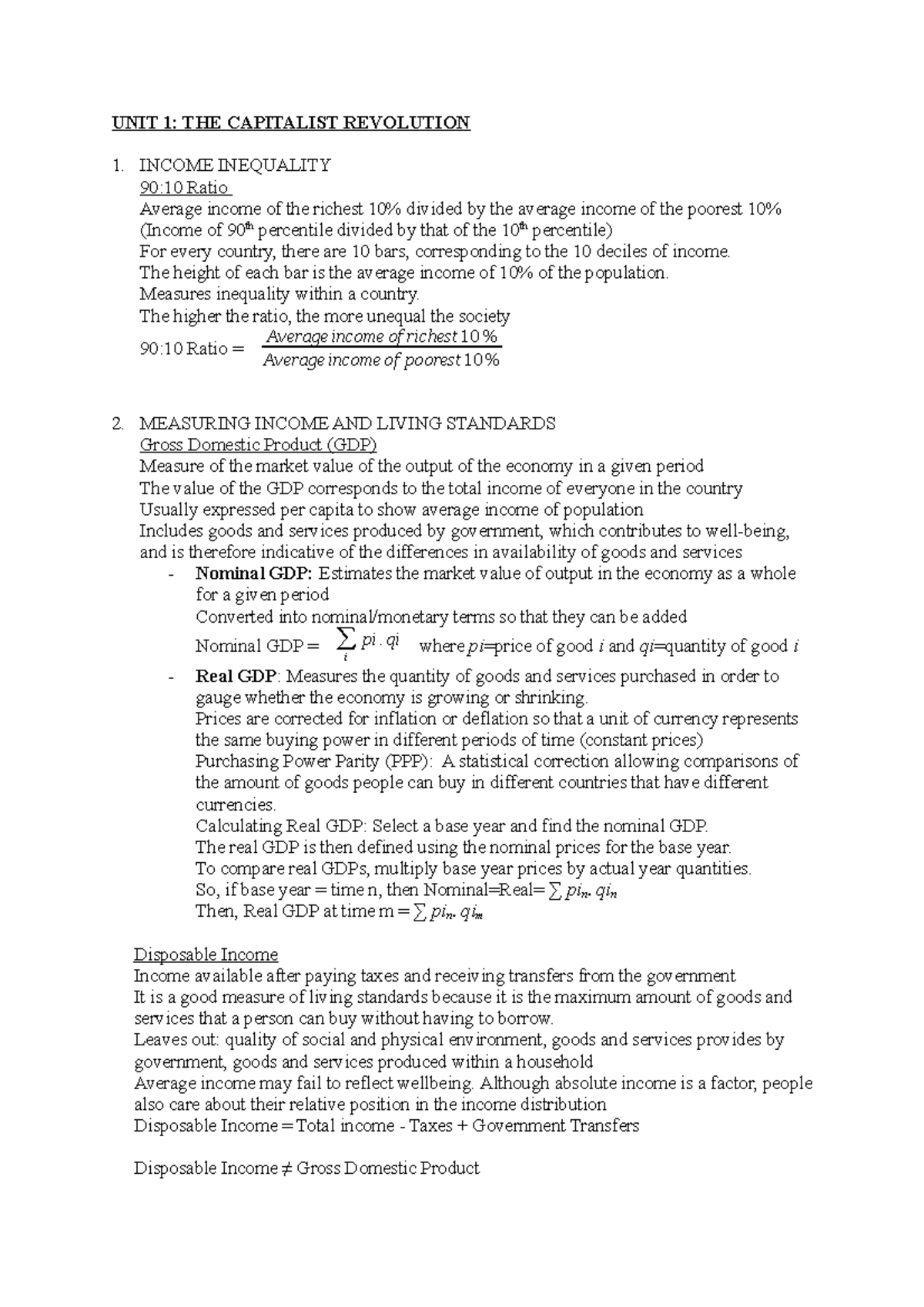 Unit 1 - Lecture notes 1 - UNIT 1: THE CAPITALIST REVOLUTION 1. INCOME ...