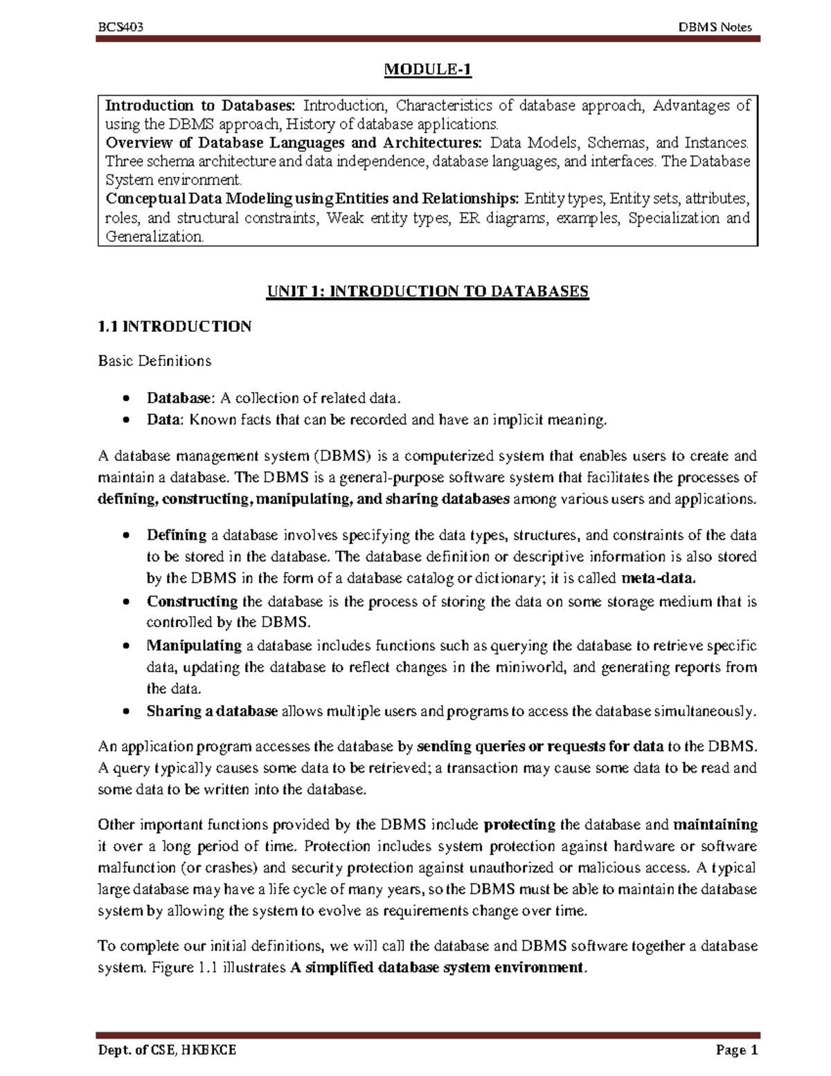 BCS403 DBMS Notes: Introduction to Databases and Data Modeling Concepts ...