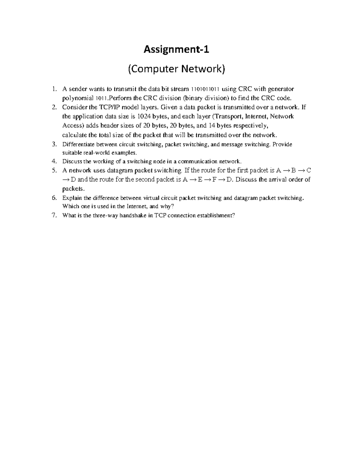 Assignment 1 CN: CRC Calculation, Packet Switching, and TCP Handshake ...