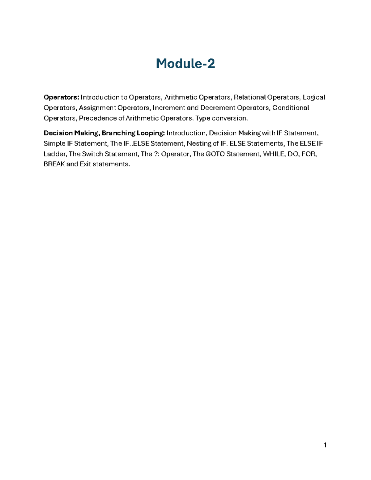 Module 2: Operators and Control Structures in C Programming - Studocu