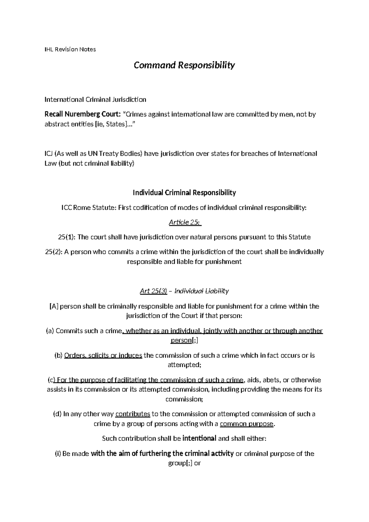 IHL Revision Notes: Understanding Command Responsibility Concepts - Studocu
