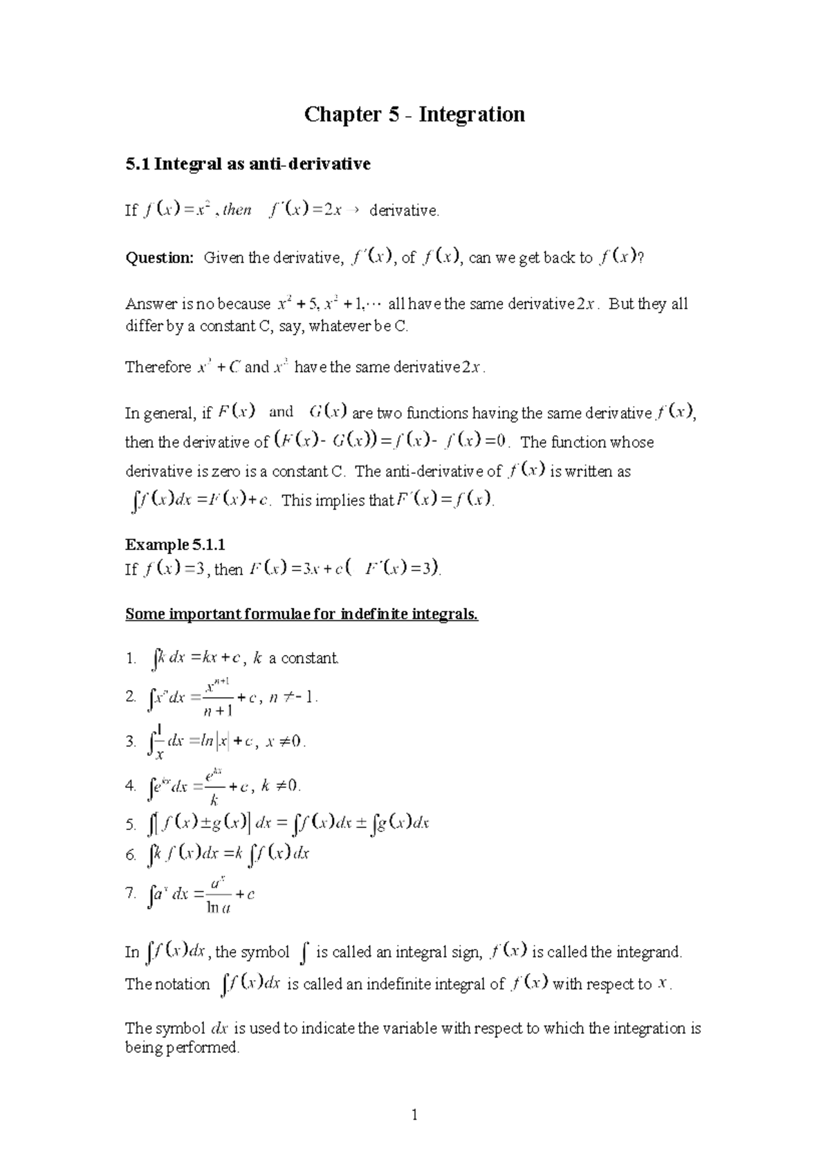Chapter 5 - Integration - Chapter 5 - Integration 5 Integral as anti ...